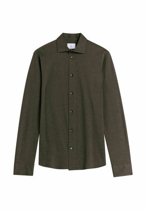 Mörk olivfärgad långärmad skjorta i mjukt material, med klassisk krage, framknäppning och rak nederkant.
