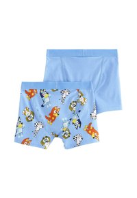 Två par pojkars boxershorts: ett par i enhetlig ljusblå färg, det andra med tecknade figurer på en blå bakgrund. Mjuk bomullsmaterial.