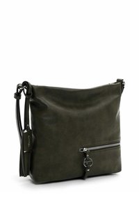 Borsa a spalla in pelle verde oliva con tasca frontale con zip, accessori metallici, dettaglio con nappina e tracolla regolabile.