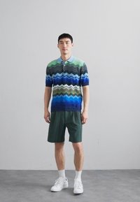 Tricou polo cu un model zigzag verde și albastru, mâneci scurte, guler bleu deschis. Asortat cu pantaloni scurți texturați de culoare verde închis și adidași albi.