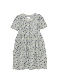 Blumenkleid mit kurzen Ärmeln, grünem Hintergrund, lila Blumen, gerafftem Taillenbund, knielang und mit einem Rückenschlitz. Baumwollmaterial.
