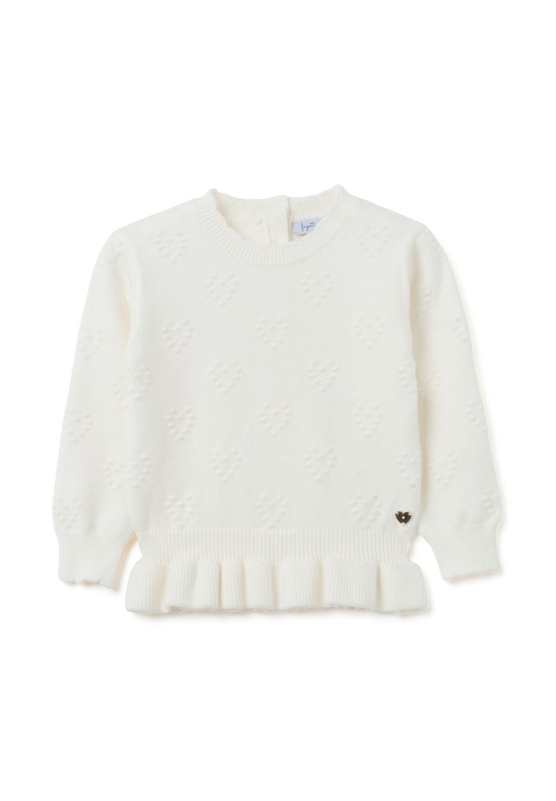 Weißer Strickpullover mit herzförmigem Strukturmuster, geripptem Halsausschnitt und Bündchen sowie einem Rüschen-Saum. Verfügt über ein kleines Bärenlogo auf der Vorderseite.