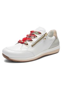 White leather sneaker with floral red laces, gold zipper on side, beige heel accent, and light brown sole.