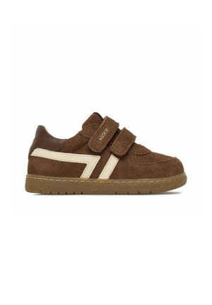 Brown suede children's sneaker with beige side stripes and two Velcro straps on a rubber sole.