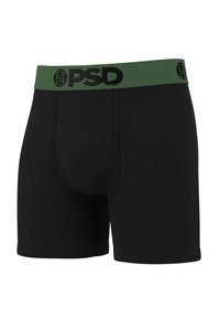 Boxer neri con fascia elastica verde che presenta il logo "PSD" nero. Tessuto liscio, design aderente e dettagli di cuciture minimi.