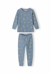Set de pijama pentru copii, cu mânecă lungă, de culoare albastră, cu un model cu iepuraș gri și puncte albe, talie elastică și manșete la mâneci și la pantaloni.