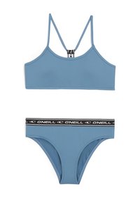 Bikini blu con top corto dotato di spalline regolabili e chiusura posteriore. La parte inferiore presenta una vita con logo O'Neill nero. Texture della stoffa liscia.