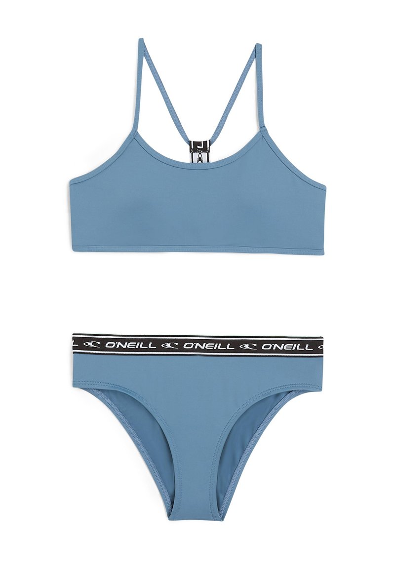 Bikini blu con top corto dotato di spalline regolabili e chiusura posteriore. La parte inferiore presenta una vita con logo O'Neill nero. Texture della stoffa liscia.