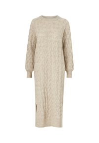 Beiges Strickkleid mit Zopfmuster, langen Ärmeln, Rundhalsausschnitt und seitlicher Schlitz. Bietet eine lockere Passform und strukturierte Oberfläche.