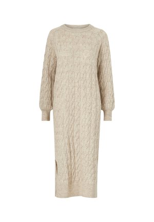 Gehaakte beige jurk met kabelpatroon, lange mouwen, ronde hals en zijspleet. Beschikt over een ontspannen pasvorm en een gestructureerd oppervlak.