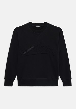 Schwarzer Sweatshirt mit Rundhalsausschnitt, versehen mit einem strukturierten, tonalen Logodesign auf der Vorderseite. Hergestellt aus weichem Stoff mit gerippten Bündchen und Saum.