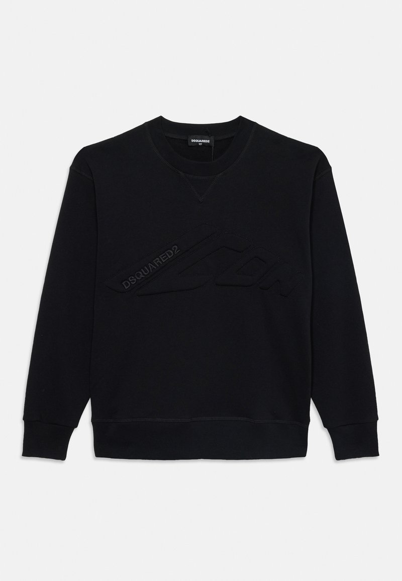 Svart sweatshirt med rund halsringning, prydd med en texturerad, tonad logotypdesign framtill. Tillverkad av mjukt tyg med ribbade ärmslut och fåll.