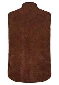 Gilet in pile marrone con colletto alto, texture morbida e orlo arrotondato. La vista posteriore non mostra elementi di design aggiuntivi.