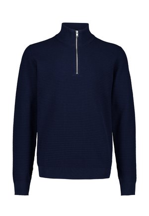 Granatowy, teksturowany sweter z długim rękawem, wysokim kołnierzem i przednim zamkiem na pół suwaka.