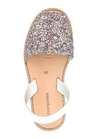 Glittery sandals with a multicolored, textured upper. Features a soft, silver metallic strap and tan insole. Size 38, made in Spain.