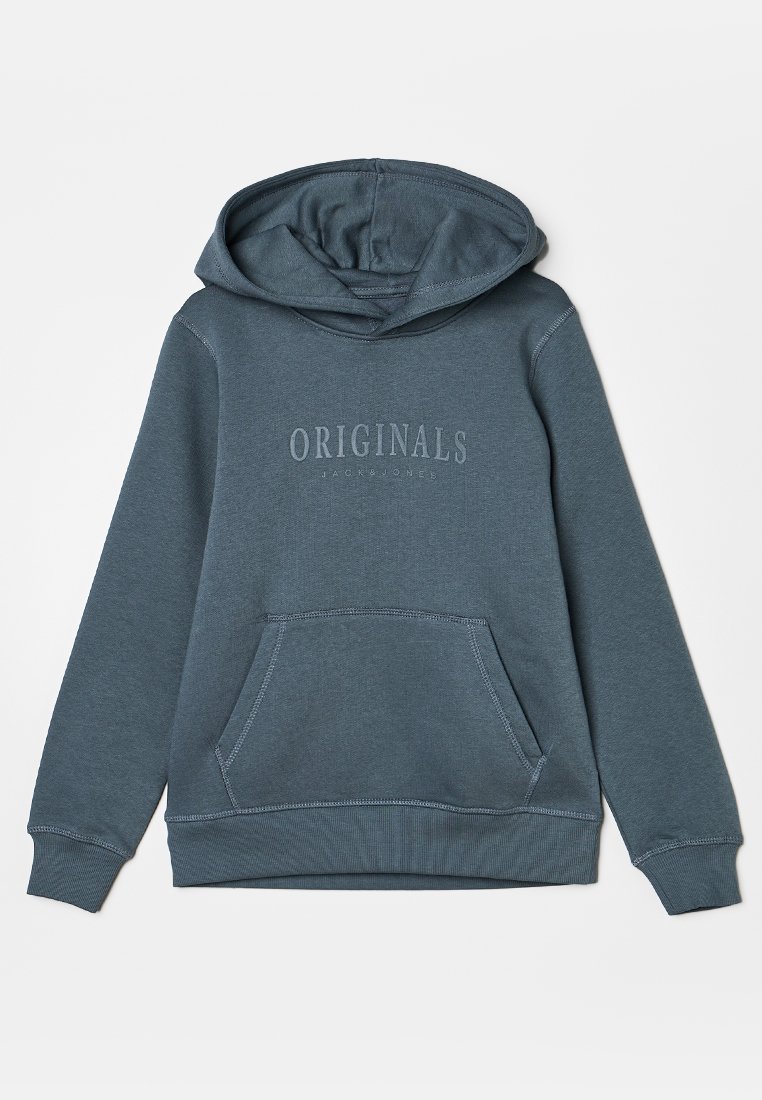 Bluza z kapturem w ciemnym zielono-skalnym kolorze, z przednią kieszenią, ściągaczami na rękawach i u dołu, z napisem "ORIGINALS" stylizowanym na klatce piersiowej.