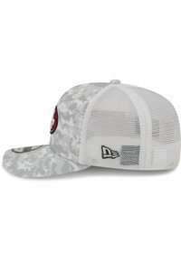 Gray camo baseball cap with a white mesh back, featuring a red logo on the front and a side tag. Structured design and curved brim.