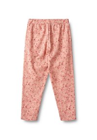 Lyserøde bukser med blomsterprint, elastisk talje og snor. Blødt stof, tapered ben design og små flerfarvede blomsterdetaljer.