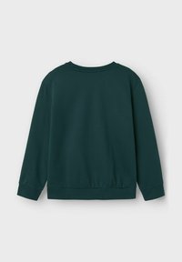Felpa verde scuro, in misto cotone, con scollo rotondo, maniche lunghe, polsini e orlo a costine, superficie liscia e senza elementi decorativi visibili.