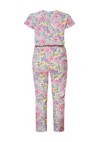 Kwiatowy kombinezon w pastelowych kolorach z krótkim rękawem. Posiada różnorodne kwiaty, w tym różowe, fioletowe i żółte, z podkreśloną talią.