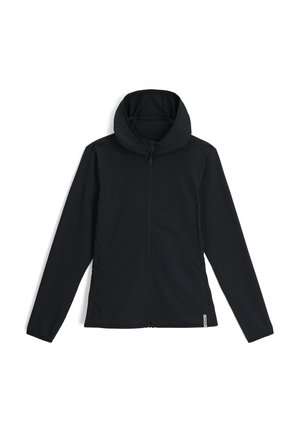 Zwarte zip-up jas met een hoge kraag en capuchon. Gemaakt van een textuurstof, met zijzakken en subtiele branding aan de zoom.