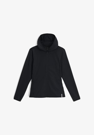 Schwarze Jacke mit Reißverschluss, hohem Kragen und Kapuze. Hergestellt aus strukturiertem Stoff, mit seitlichen Taschen und dezentem Branding am Saum.