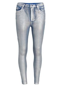 Kapea farkut vaaleansinisestä denimistä, jossa on metallinen kiilto, napilla kiinnitys, kaksi etutaskua ja tiukka istuvuus.