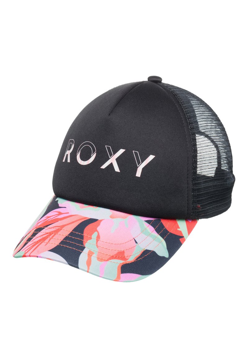 Black cap with mesh back, featuring "ROXY" logo in pink. Brim decorated with colorful floral pattern in shades of pink, green, and blue.