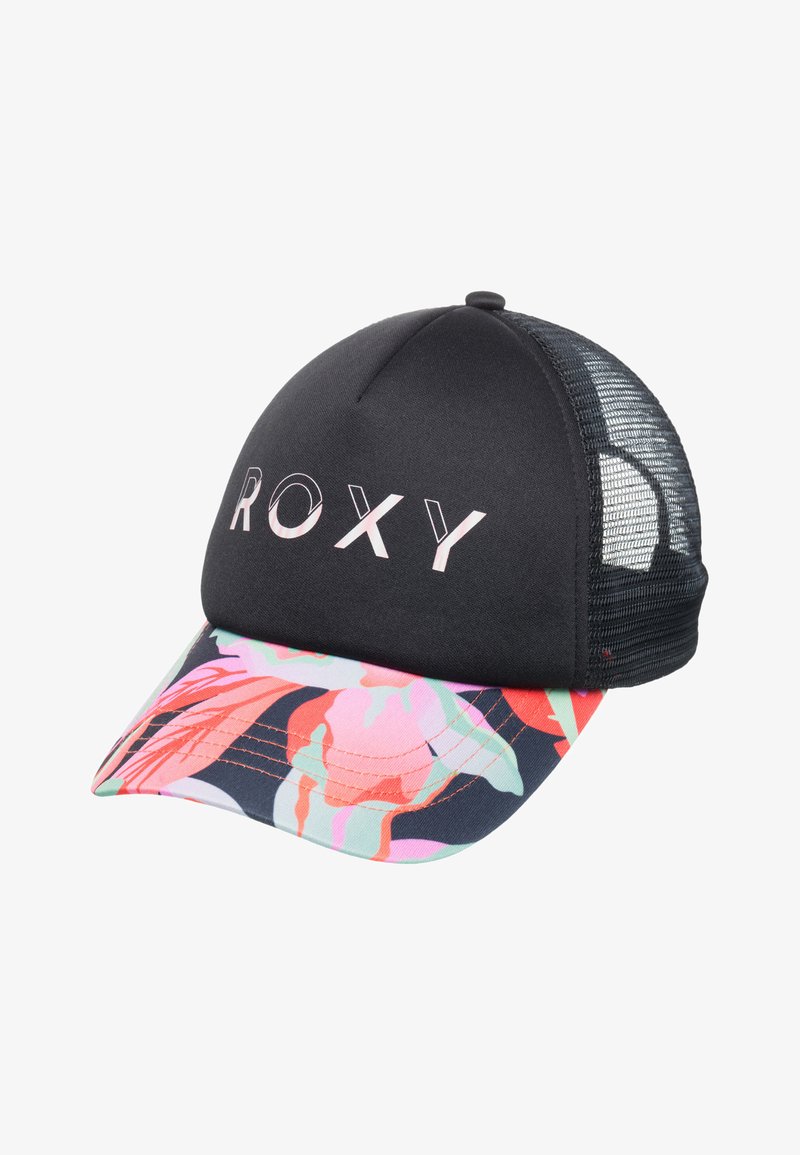 Sort kasket med mesh bag, prydet med "ROXY" logo i pink. Skærmen dekoreret med farverigt blomstermønster i nuancer af pink, grøn og blå.