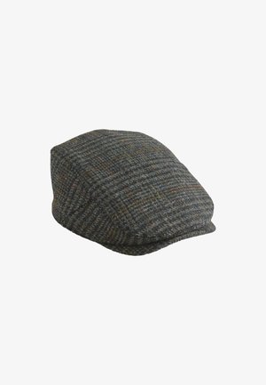 Ravna tweed kapa sa karo uzorkom u nijansama sive, smeđe i zelene boje, blago zakrivljeni prednji rub.