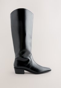 Bottes noires montantes jusqu'au genou, fabriquées en matériau synthétique lisse. Elles présentent un bout pointu, un petit talon bloc et des détails de couture subtils.