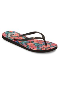Sort flip-flop med en blomstermotiveret fodseng, der har pink, blå og grønne blomster; strukturerede gummistropper; cirkulært element ved samlingen.