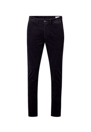 Schwarze Cordhosen mit schmaler Passform, frontaler Knopfverschluss, fünf Taschen-Stil und dezent gerippter Textur.