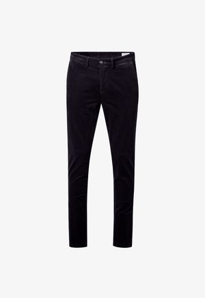 Black corduroy trousers with a fitted design, featuring a front button closure, five-pocket styling, and subtle ribbed texture.