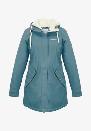 Teal waterproof parka with plush white lining, drawstring hood, zippered pockets, front snap closures, and logo on the chest.