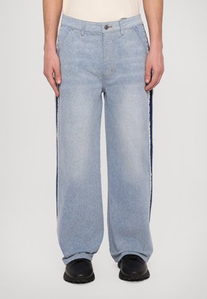 Light blue wide-leg jeans made of denim, featuring side stripes in a darker shade, with a standard waistband and front pockets.