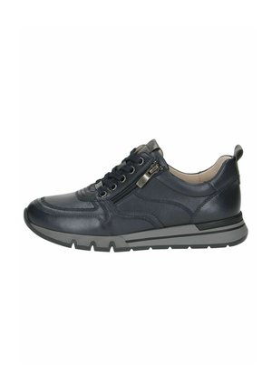 Navy leather sneaker with textured upper, contrasting gray sole, lace-up design, and side zipper for easy wear.