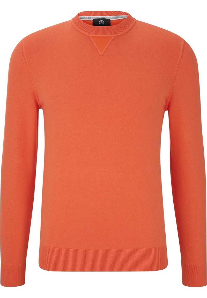 Orangefarbener gestrickter Pullover mit langen Ärmeln, gerippten Bündchen und Saum, V-ausschnitt am Kragen, aus weichem Stoff.