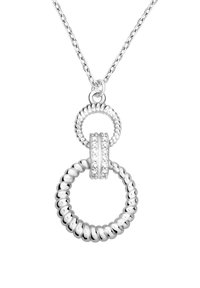 Silverhalsband med två sammanlänkade cirkulära hängsmycken; ett är ribbat medan det andra är slätt med klara stenar som accenter.