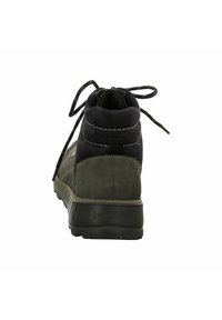 Dark gray suede and textile high-top sneaker with a textured finish, lace-up design, padded collar, and rubber sole. Brand logo is visible.