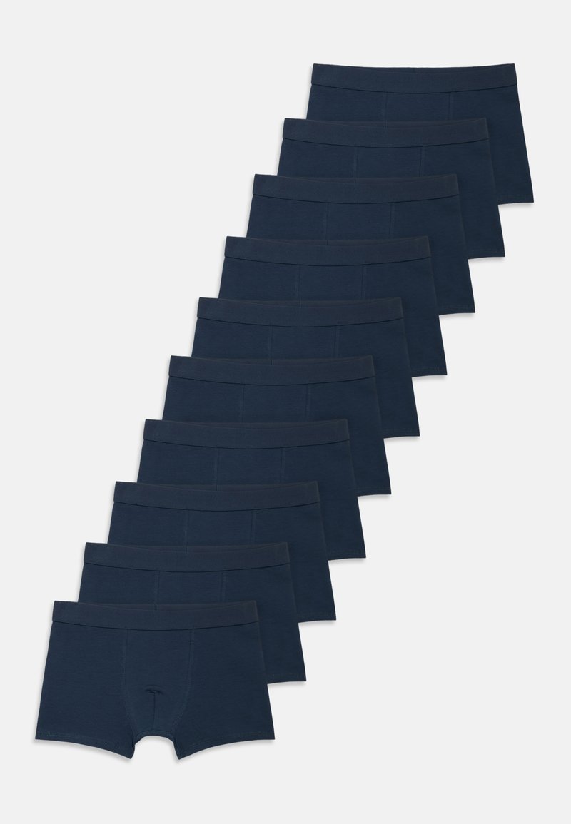 Sada deseti tmavě modrých bavlněných boxerů s elastickým pasem, které mají hladký povrch a design s přední kapsou.