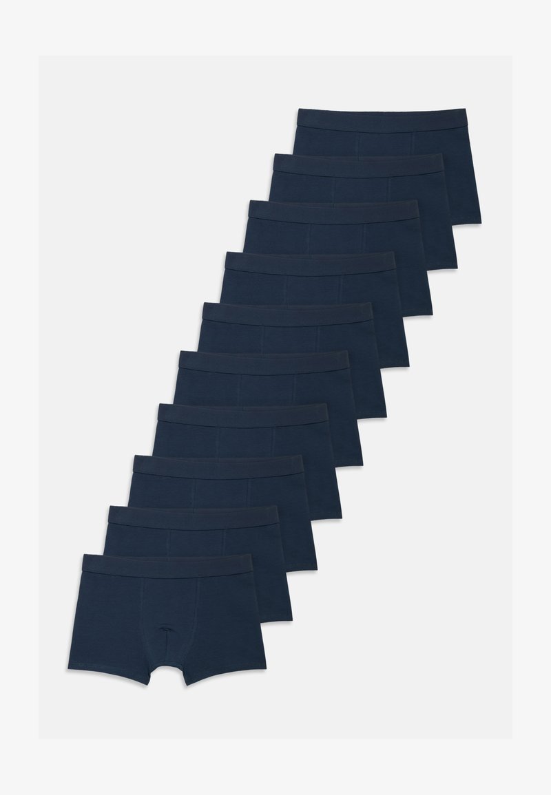 Pack de diez calzoncillos tipo boxers de algodón azul marino con cinturillas elásticas, que presentan una textura suave y un diseño con bolsa frontal.