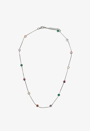 Srebrny naszyjnik z łańcuszkiem ozdobiony wielokolorowymi kamieniami szlachetnymi, okrągłymi oprawami oraz zapięciem typu karabińczyk z regulowanym łańcuszkiem.