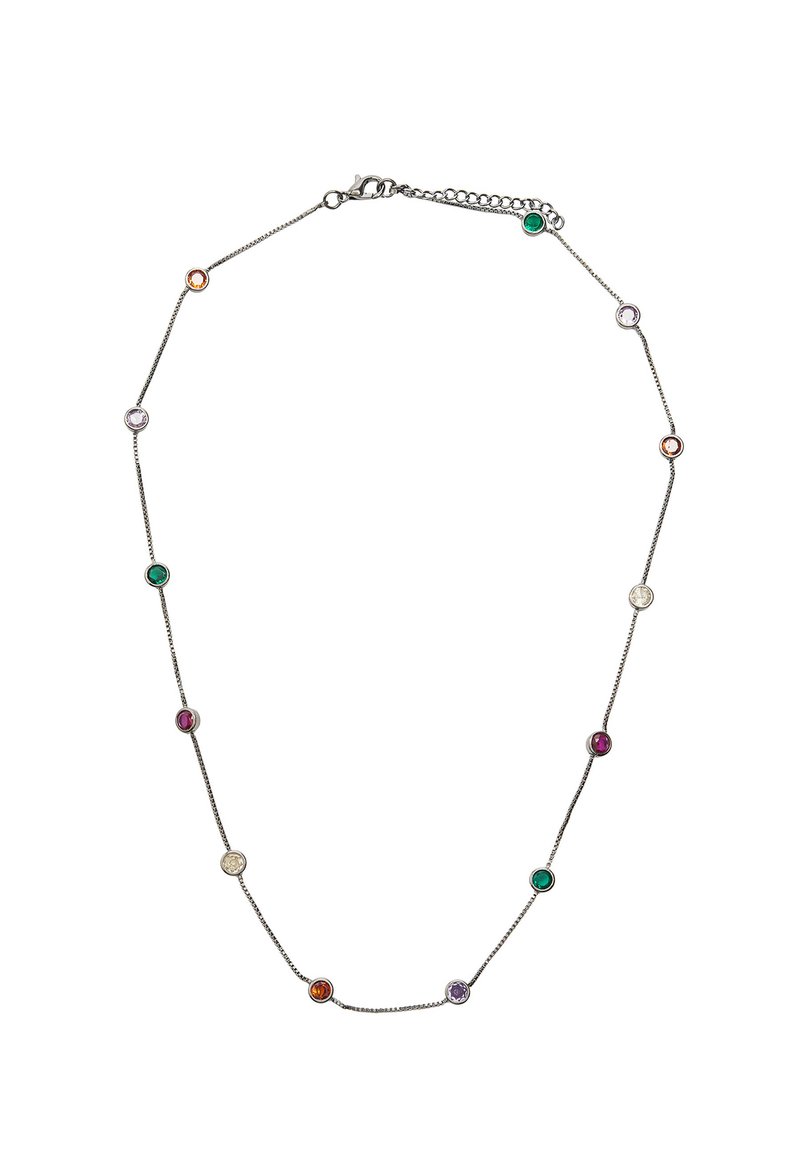 Srebrny naszyjnik z łańcuszkiem ozdobiony wielokolorowymi kamieniami szlachetnymi, okrągłymi oprawami oraz zapięciem typu karabińczyk z regulowanym łańcuszkiem.