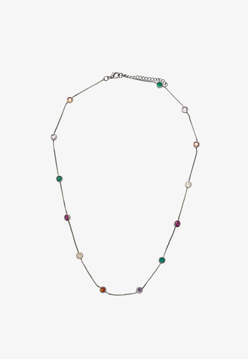 Srebrny naszyjnik z łańcuszkiem ozdobiony wielokolorowymi kamieniami szlachetnymi, okrągłymi oprawami oraz zapięciem typu karabińczyk z regulowanym łańcuszkiem.