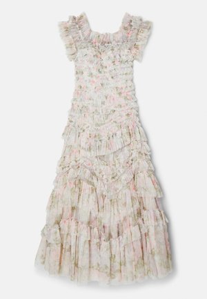 Maxi dress with ruffled short sleeves, featuring a floral pattern in pastel colors. Made from lightweight, textured fabric with layered ruffles.