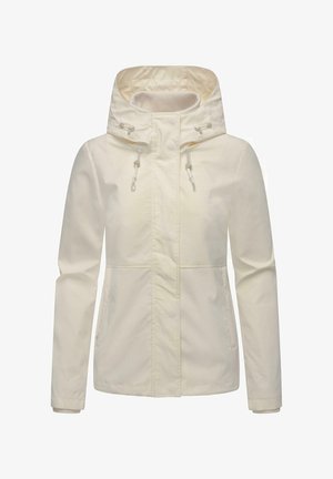 Lightweight white waterproof jacket featuring a hood, front zipper, drawstring accents, and textured panels for added detailing.