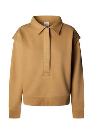 Brauner Pullover mit Kragen, halber Knopfleiste und Schulterakzenten. Weicher, strukturierter Stoff mit lässiger Passform.