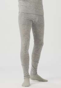 Gray thermal leggings made of soft, stretchy fabric, featuring a subtle heathered pattern and tapered ankle design.