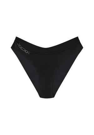 Schwarze Bikini-Hose mit elegantem Design, die über minimale Nähte und einem dekorativen Gold-Element an der Seite verfügt. Glatte Textur.